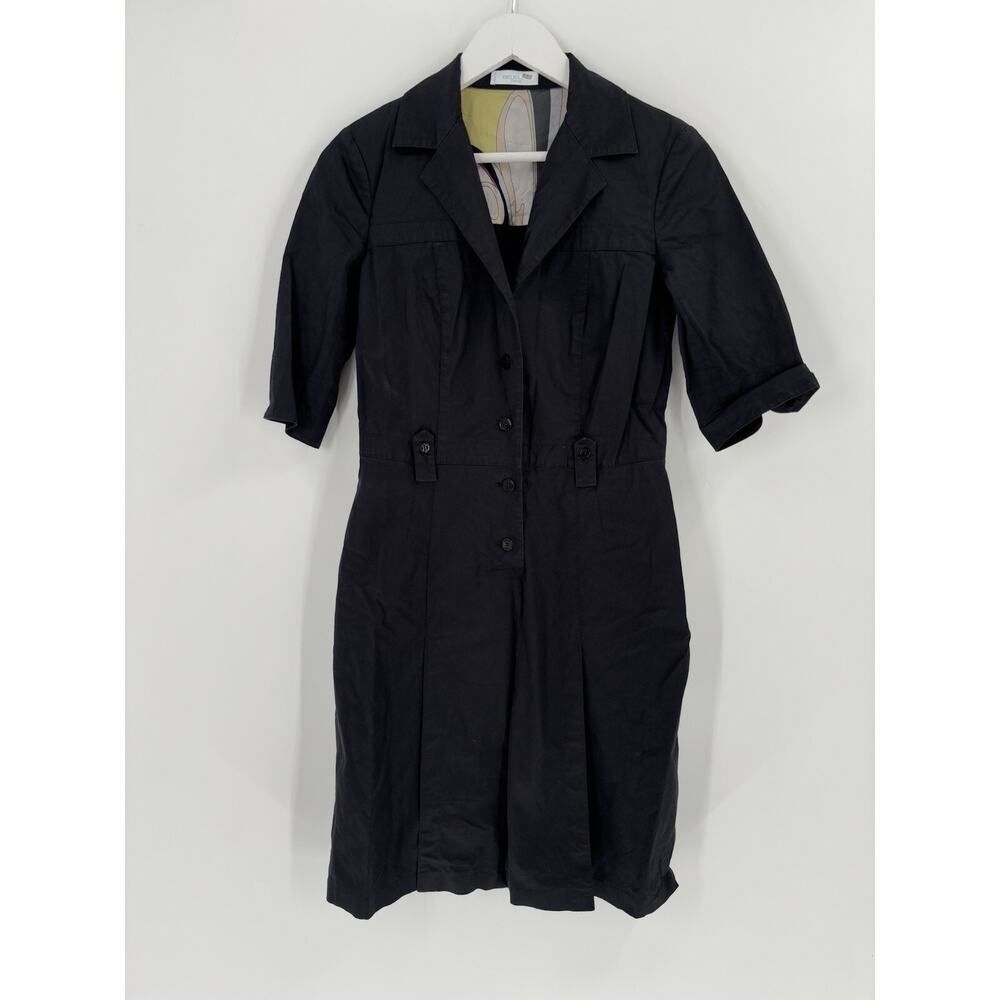 Emilio Pucci Shirt Dress Womens 8 Black Short Sleeves Single Breasted Collared